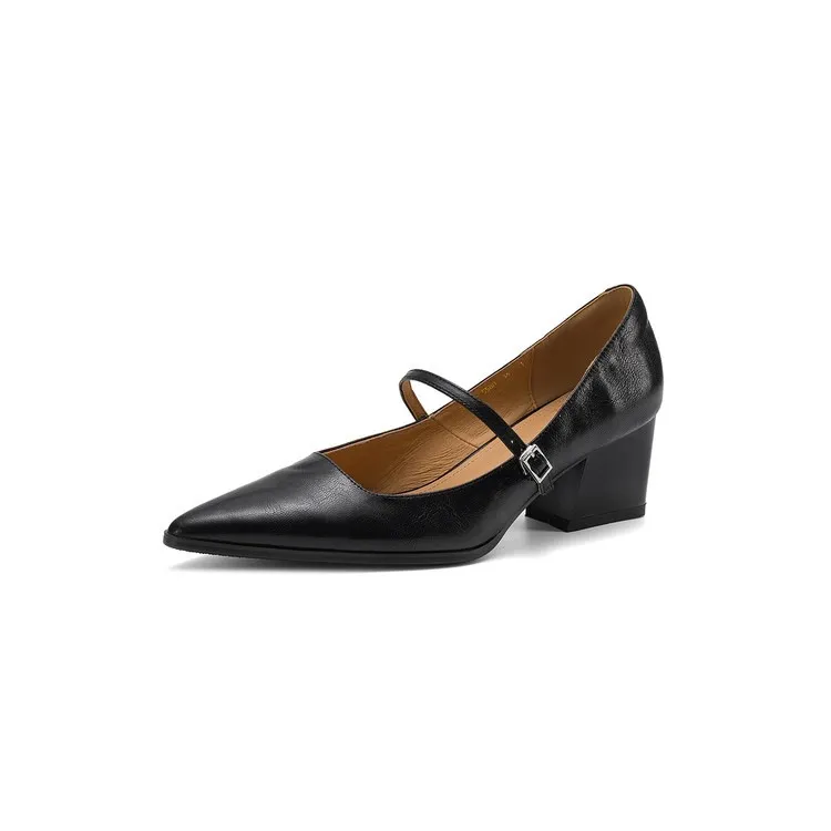 Spring/Autumn Retro Chunky Heel 5.5cm Lambskin Pointed Toe Mary Jane Shoes with Single Buckle Strap, Size 40 - Black 34