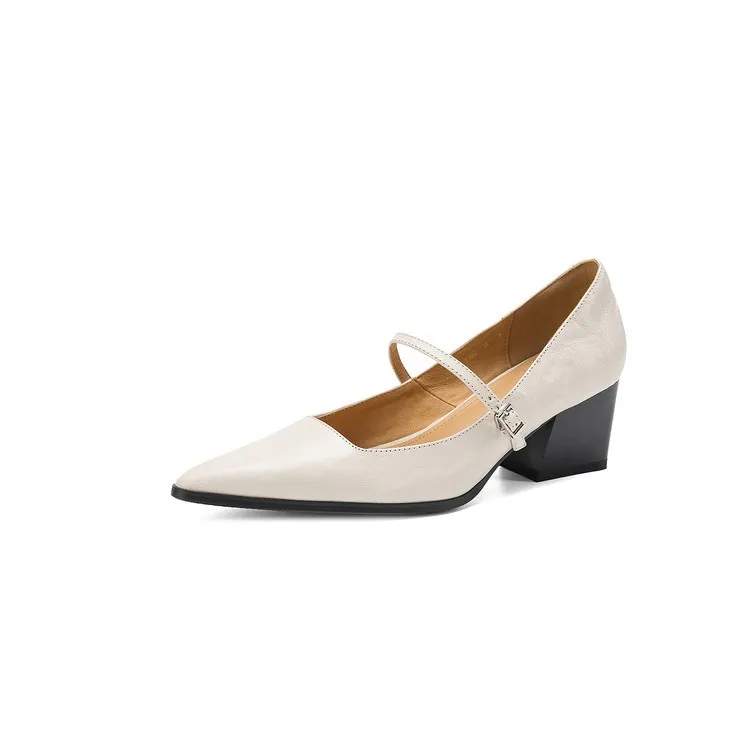 Spring/Autumn Retro Chunky Heel 5.5cm Lambskin Pointed Toe Mary Jane Shoes with Single Buckle Strap, Size 40 - Off-white 34