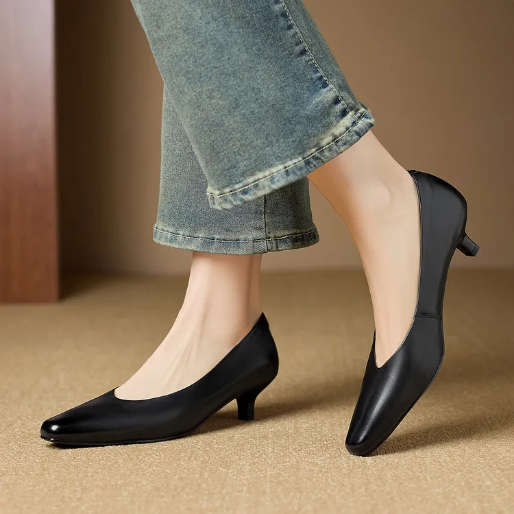 Spring square-toe low-cut fashion single shoes, mid-heel cowhide stiletto heels, women's fashion shoes, sizes 3-9N40 - Black 34