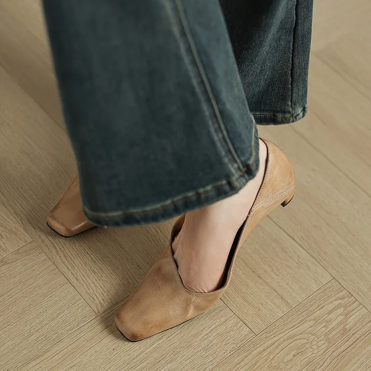 Early Spring Single Shoes, Square Toe, Chunky Heel, High Heel, Leather Fashion Women's Shoes, 3-7c - Apricot 34
