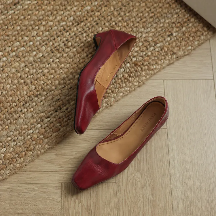 Early Spring Single Shoes, Square Toe, Chunky Heel, High Heel, Leather Fashion Women's Shoes, 3-7c - Burgundy 34