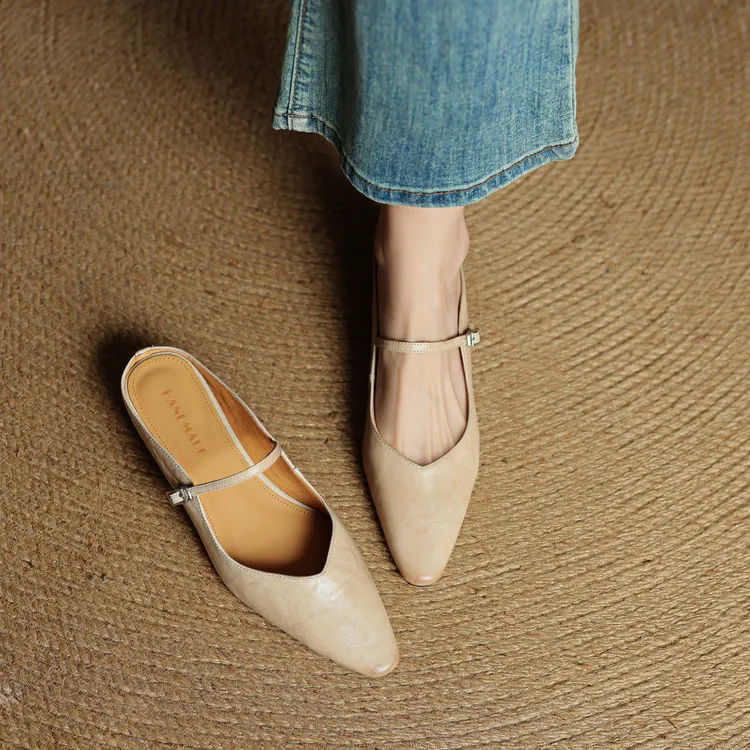 -Early Spring Slippers, Square Toe, Hidden Wedge Buckle, Fashionable Women's Shoes, 3-7m - Beige 34