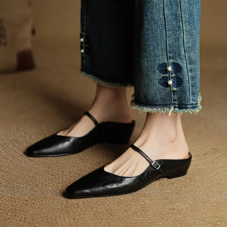 -Early Spring Slippers, Square Toe, Hidden Wedge Buckle, Fashionable Women's Shoes, 3-7m - Black 34