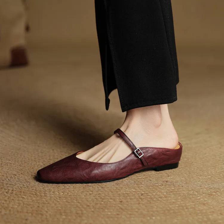 -Early Spring Slippers, Square Toe, Hidden Wedge Buckle, Fashionable Women's Shoes, 3-7m - Burgundy 34