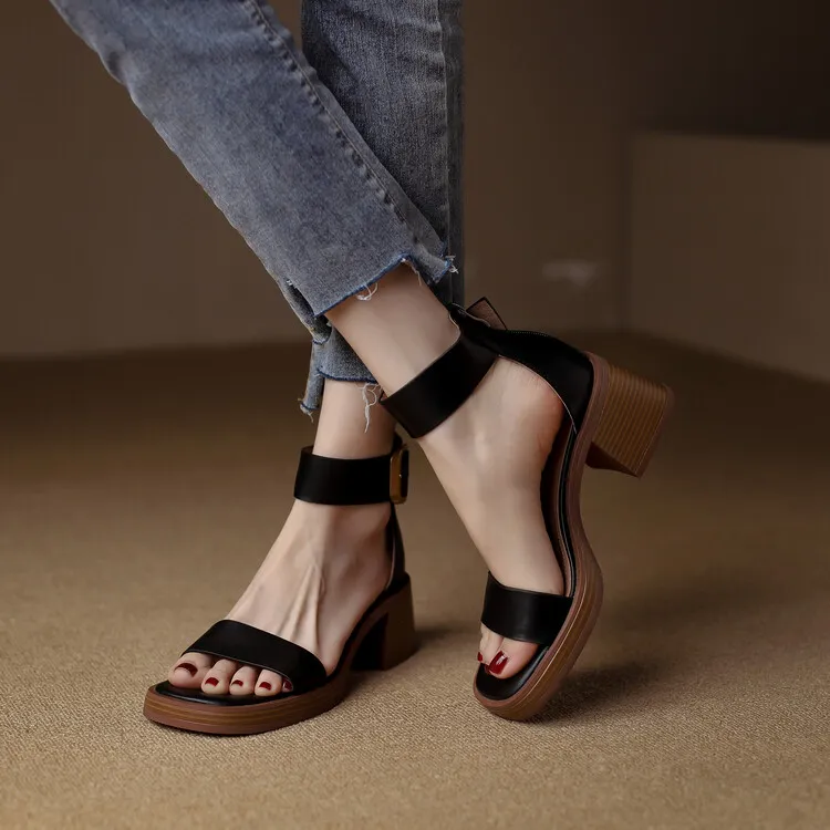 Summer hollow sandals, chunky heels, high heels, platform soles, buckles, cowhide fashion women's shoes, 3-9r - Black 34