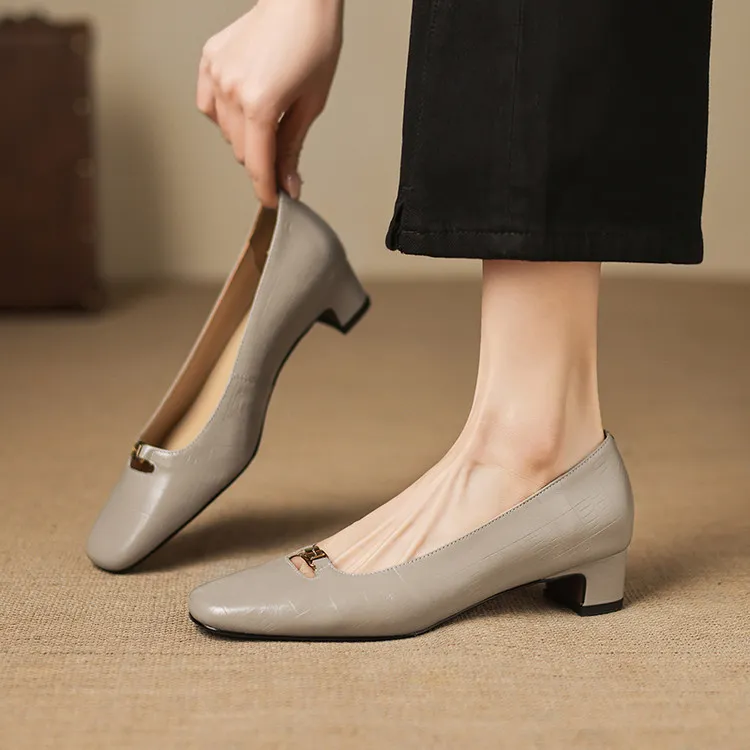 Early Spring Single Shoes, Square Toe, Chunky Heel, High Heel, Low Mouth, Fashion Women's Shoes 3-9a - Gray 34