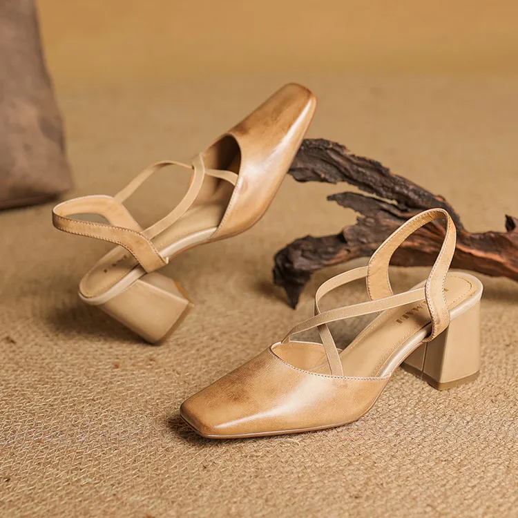 Early spring single shoes, square toe, chunky heel, high heel, cross strap, cowhide women's shoes, 3-6T genuine leather sandals - Apricot 34