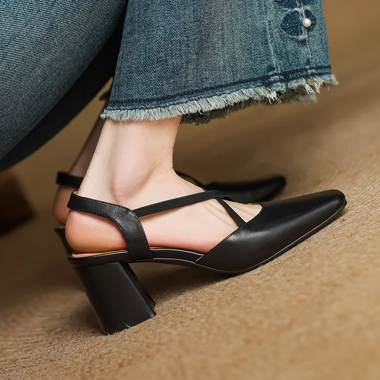 Early spring single shoes, square toe, chunky heel, high heel, cross strap, cowhide women's shoes, 3-6T genuine leather sandals - Black 34
