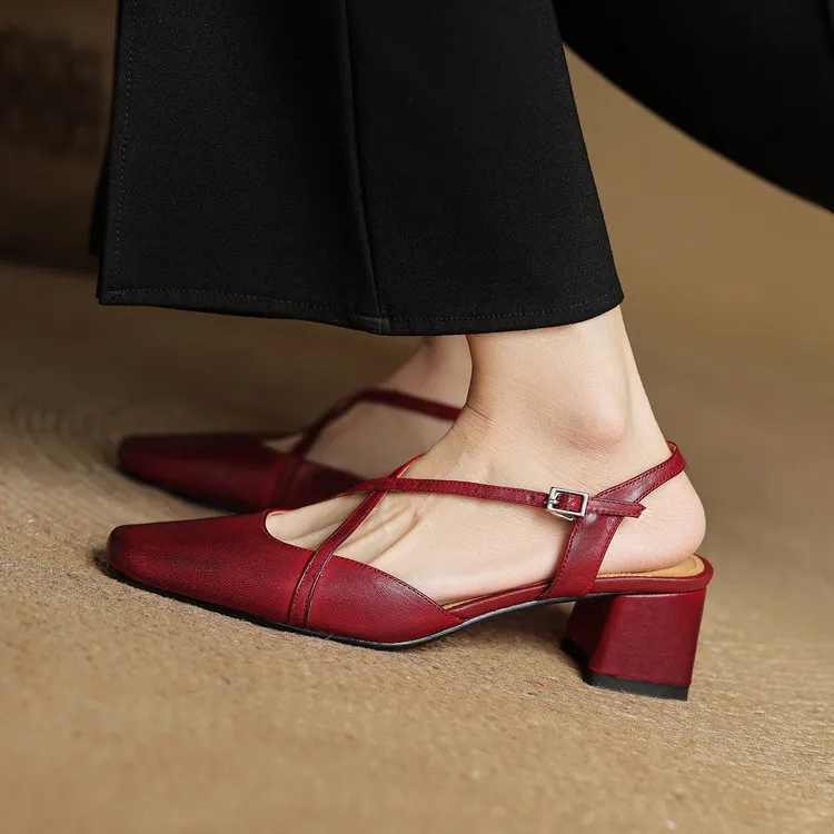 Real-life video of women's spring/summer cross-strap sandals, square toe, chunky heel, mid-to-high heel, cowhide fashion shoes. - Burgundy 34