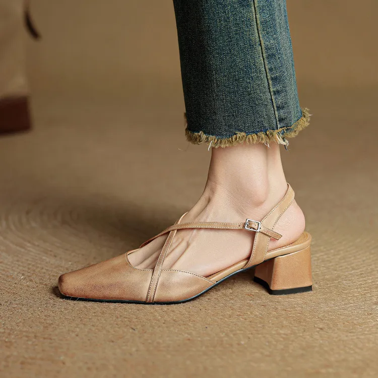 Real-life video of women's spring/summer cross-strap sandals, square toe, chunky heel, mid-to-high heel, cowhide fashion shoes. - Apricot 34