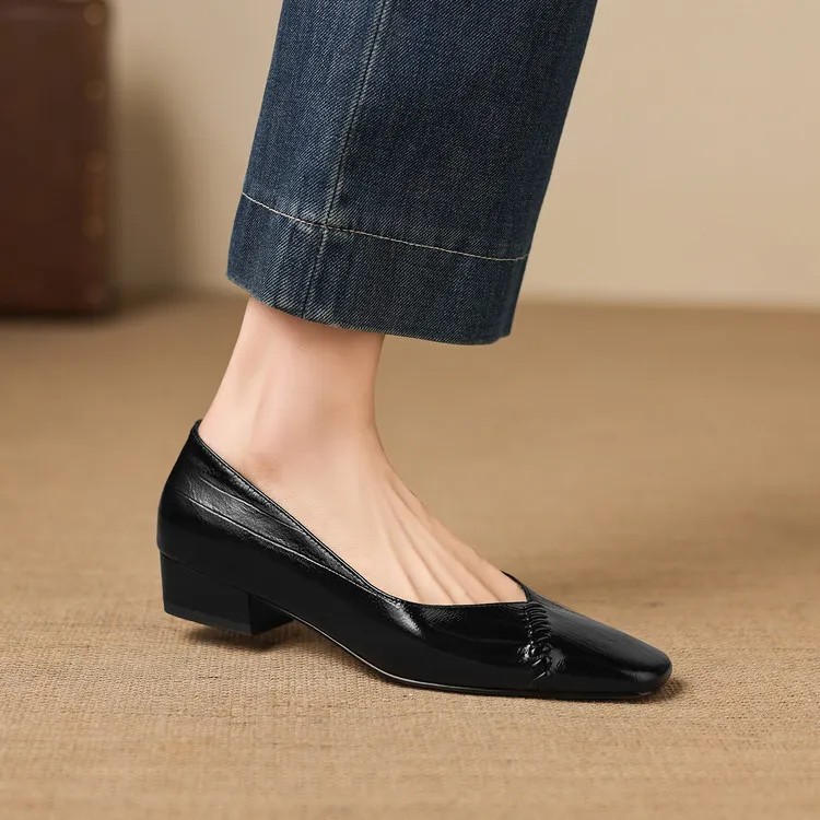 Spring single shoes, square toe, chunky heel, low heel, shallow mouth, sheepskin fashion women's shoes, 3-7i - Black 34