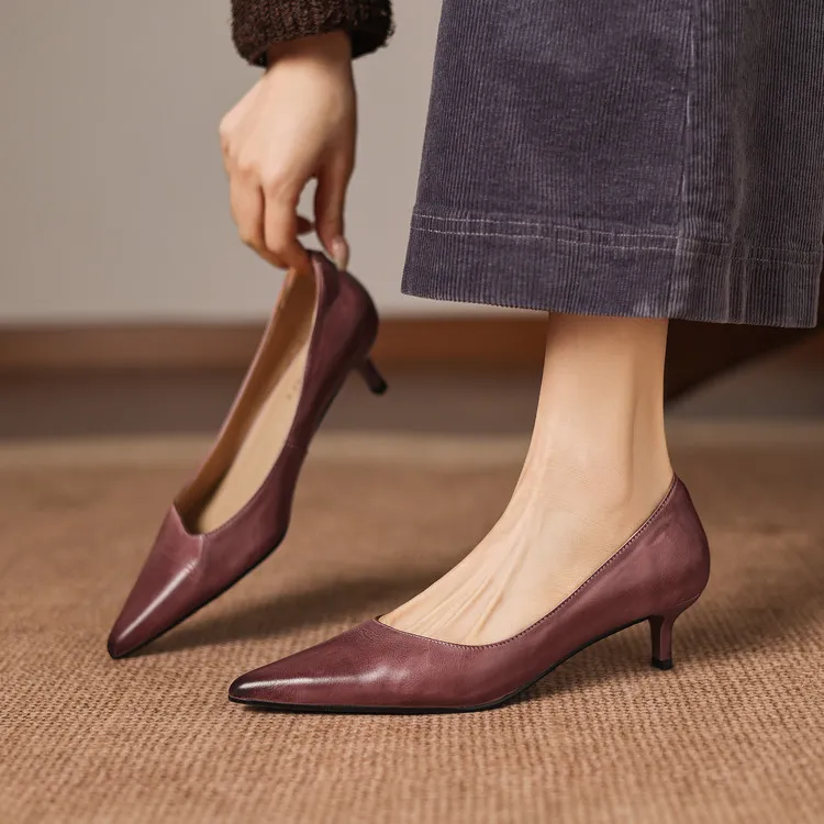 Early spring single shoes, pointed toe, low-cut, stiletto heel, high heel, cowhide fashion women's shoes, 3-7h fashion. - Purple 34