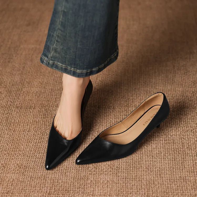 Early spring single shoes, pointed toe, low-cut, stiletto heel, high heel, cowhide fashion women's shoes, 3-7h fashion. - Black 34