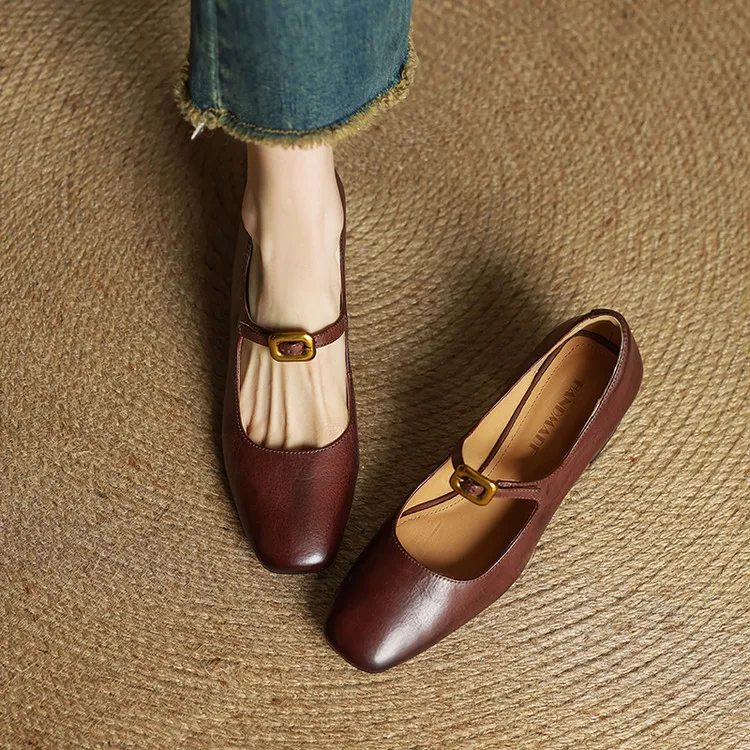 Discontinued stock available in various sizes - Spring style square-toe chunky heel high-heeled women's leather shoes, 3-12g - Brown 34
