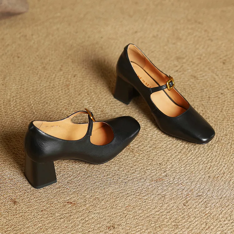 Discontinued stock available in various sizes - Spring style square-toe chunky heel high-heeled women's leather shoes, 3-12g - Black 34