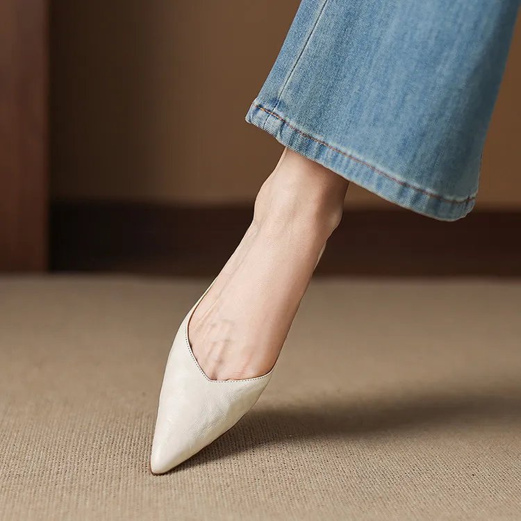 Summer flats, wedge heels, pointed toes, low-cut fashion sheepskin women's shoes, 3-12d - Off-white 34