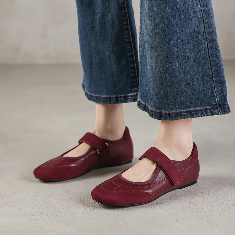 Early Spring Flat Round Toe Single Shoes with Velcro Straps, Women's Fashion Shoes 3-7j - Burgundy 34