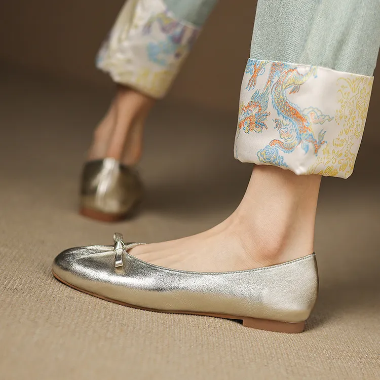 Spring single shoes, round toe, flat, slip-on, comfortable fashion women's shoes, 3-12i - Gold 34
