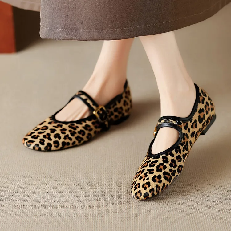 Spring single shoes, round toe, buckle, flat, horsehair fashion women's shoes, 3-9i - Leopard print 34
