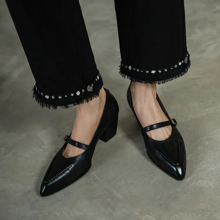 Spring single shoes, pointed toe, chunky heel, buckle, elegant cowhide leather women's shoes, 3-14k - Black 34
