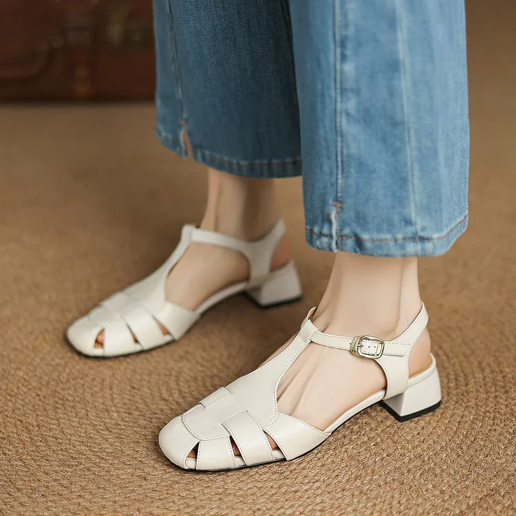 Summer sandals, round toe, chunky heel, high heel, buckle, fashion leather women's shoes, 3-12q - Off-white 34