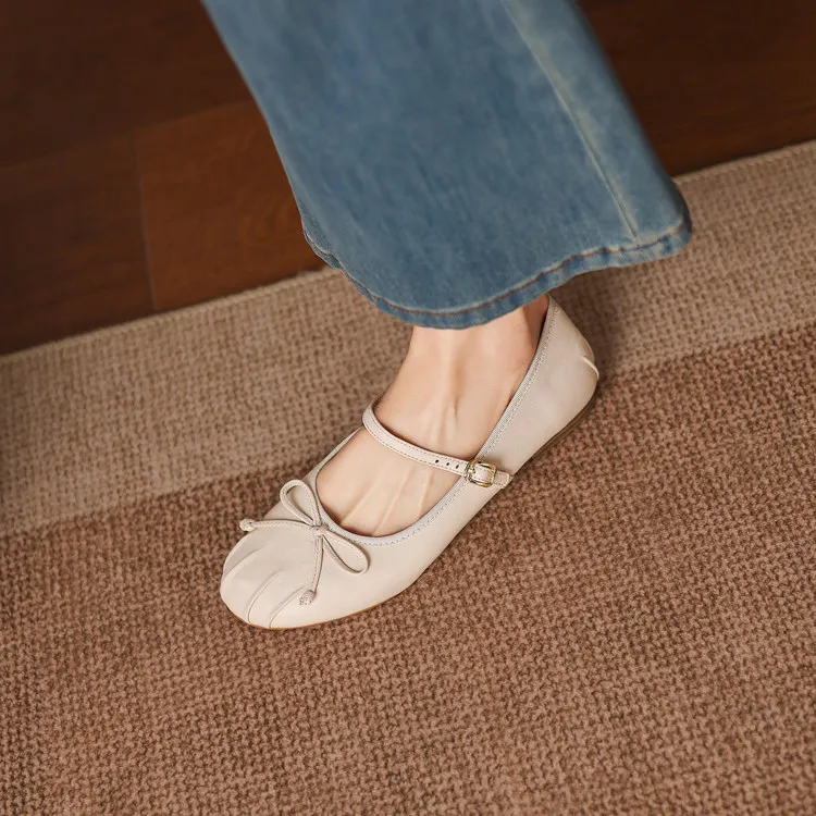 Spring single shoes, round toe, flat, buckle, slip-on sheepskin women's shoes, 3-12j - Off-white 34