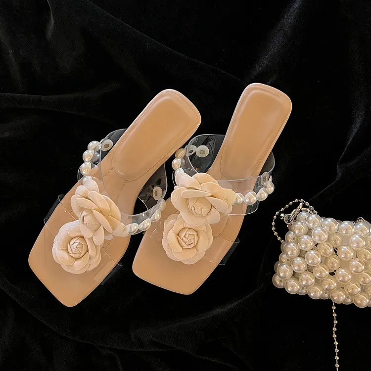 Summer square-toe slippers with a single strap, wedge heel, transparent chunky heel, floral sandals, sizes 3-14i - Off-white 35