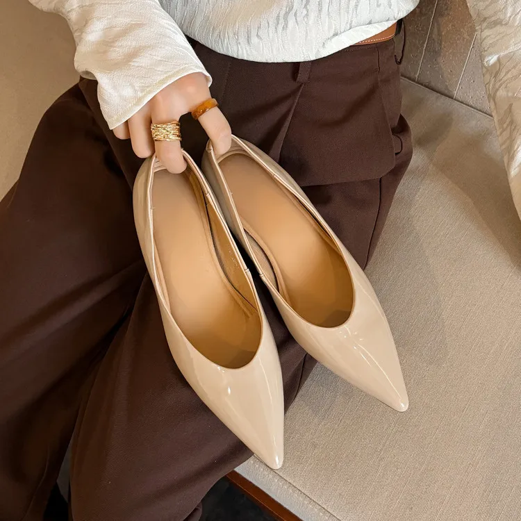 Spring pointed-toe slip-on patent leather single shoes 3-19k - Apricot 34