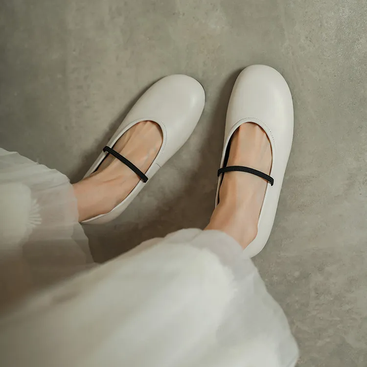 Spring single shoes, round toe, flat, cowhide, simple and comfortable women's shoes, 3-14n - Off-white 34
