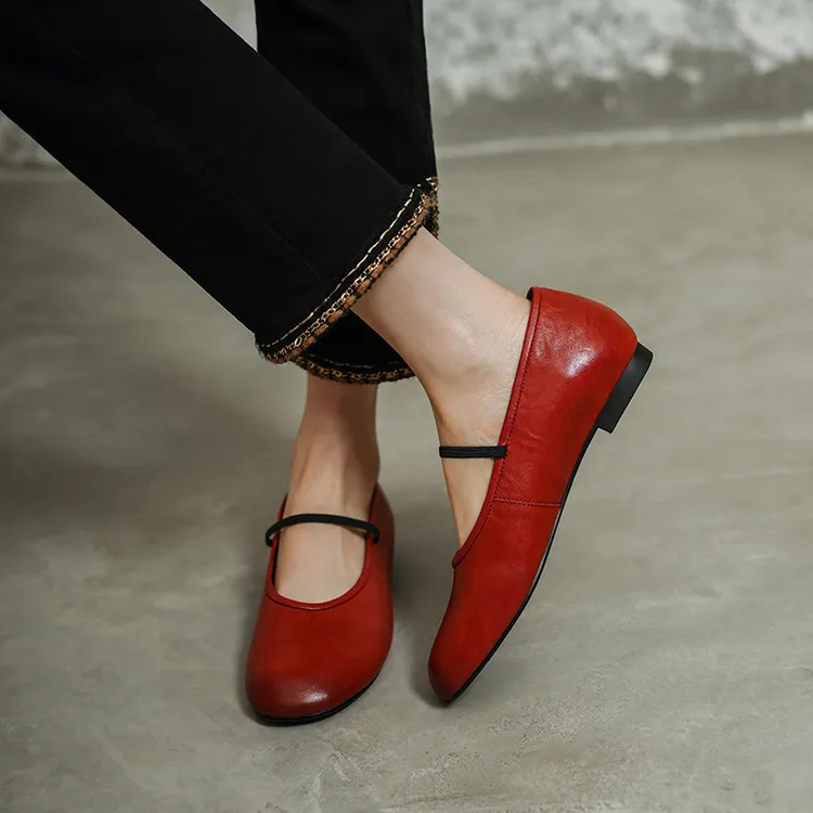 Spring single shoes, round toe, flat, cowhide, simple and comfortable women's shoes, 3-14n - Crabapple Red 34