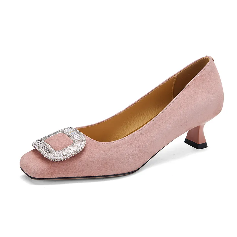 Spring single shoes, square toe, rhinestone buckle, stiletto heel, sheepskin fashion women's shoes, 3-17q - Pink 34
