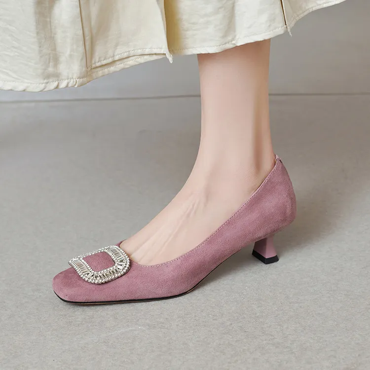 Spring single shoes, square toe, rhinestone buckle, stiletto heel, sheepskin fashion women's shoes, 3-17q - Purple 34