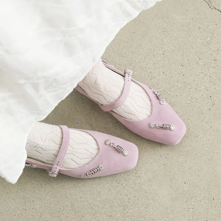 Spring single shoes, square toe, buckle, chunky heel, low heel, sheepskin women's shoes, 3-14q - Purple 34