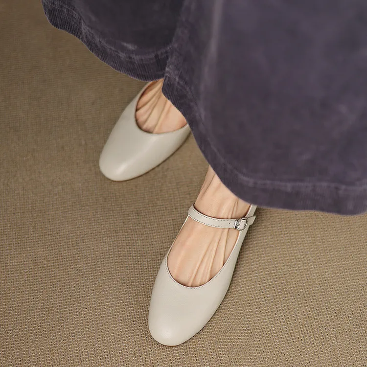 Spring single shoes, round toe, buckle, chunky heel, high heel, cowhide fashion women's shoes, 3-14u - Off-white 34