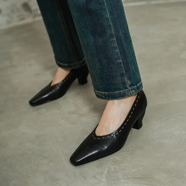 Spring single shoes, square toe, chunky heel, high heel, low mouth, fashion cowhide women's shoes, 3-14L - Black 34