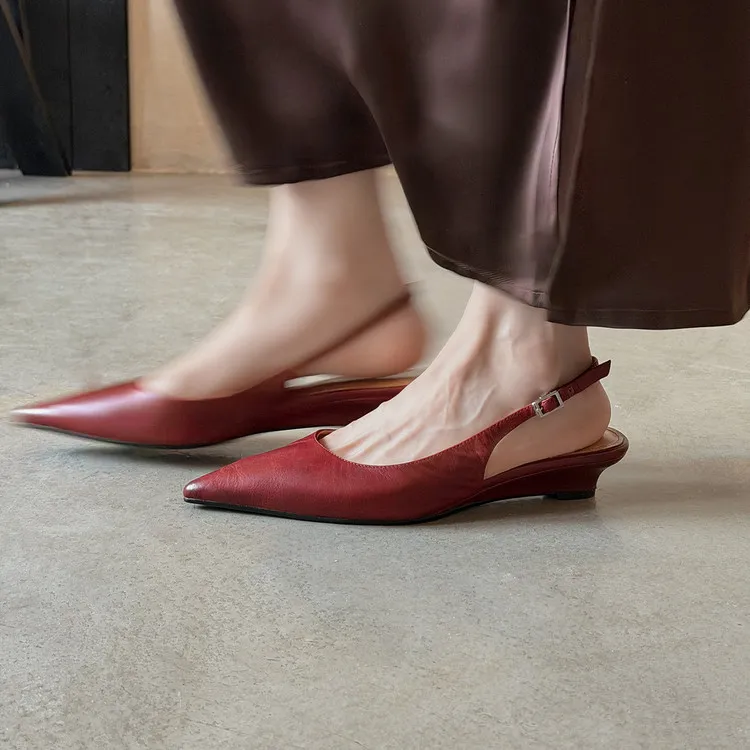 Spring pointed-toe wedge heel fashion leather women's shoes 3-17k - Burgundy 34