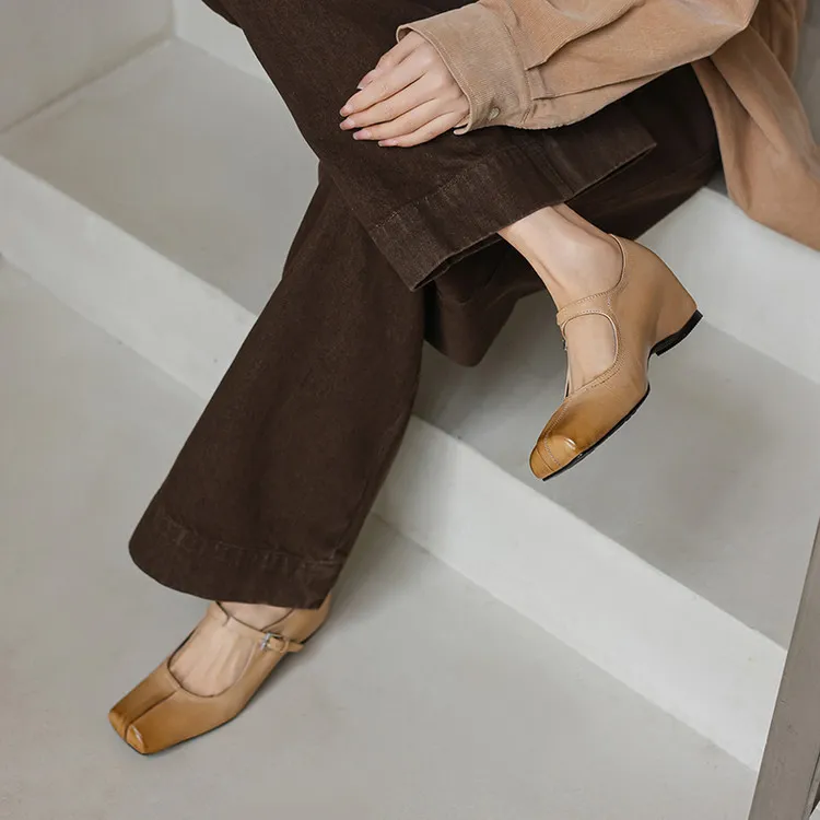 Spring women's shoes, square toe, high heel, wedge heel, buckle, cowhide leather, sizes 3-17L - Apricot 34