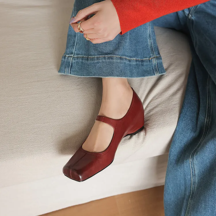 Spring women's shoes, square toe, high heel, wedge heel, buckle, cowhide leather, sizes 3-17L - Red 34