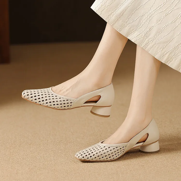 Summer single shoes, square toe, chunky heel, high heel, hollow-out fashion women's shoes, 3-19g - Off-white 34
