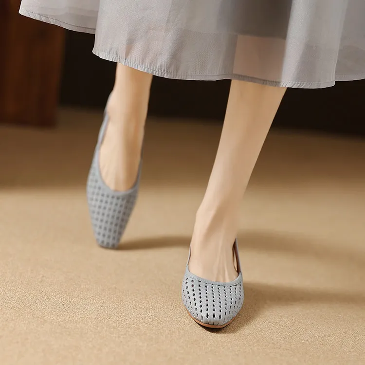 Summer single shoes, square toe, chunky heel, high heel, hollow-out fashion women's shoes, 3-19g - Blue 34