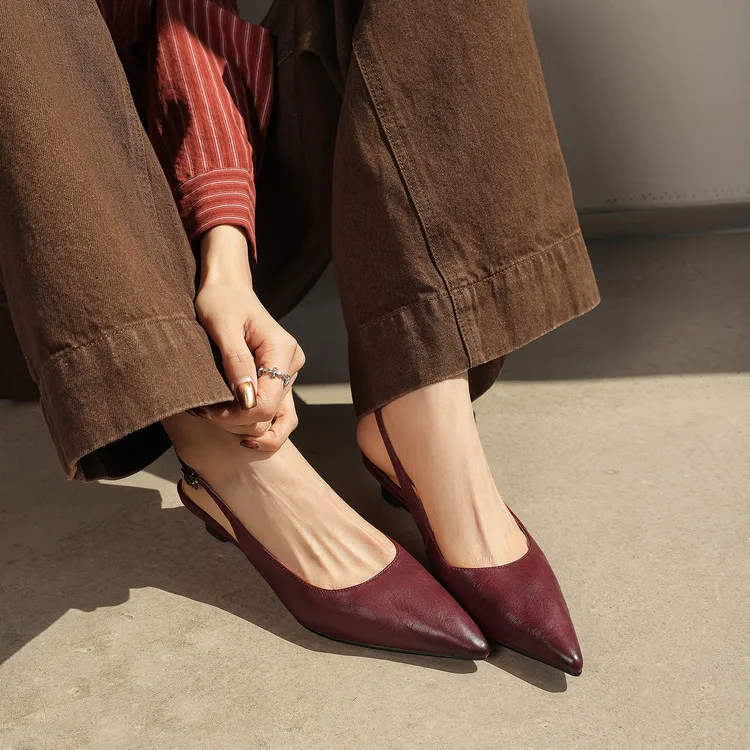 Summer sandals, pointed toe, wedge heel, cowhide, fashion women's shoes, burgundy, silver, beige, 3-22f - Burgundy 34