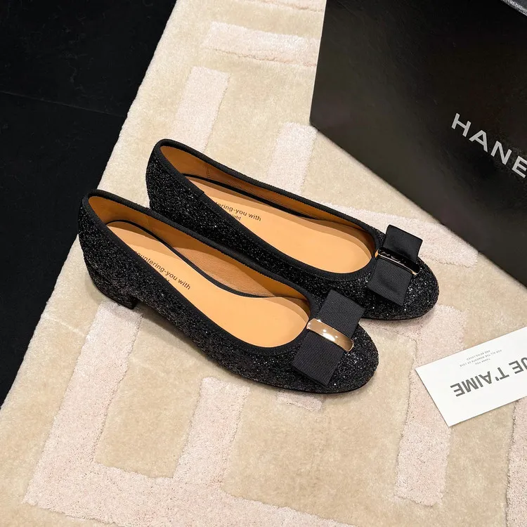 Spring single shoes, round toe, bow, low-cut, chunky heel, sequined, women's shoes, 3-17n - Black 34