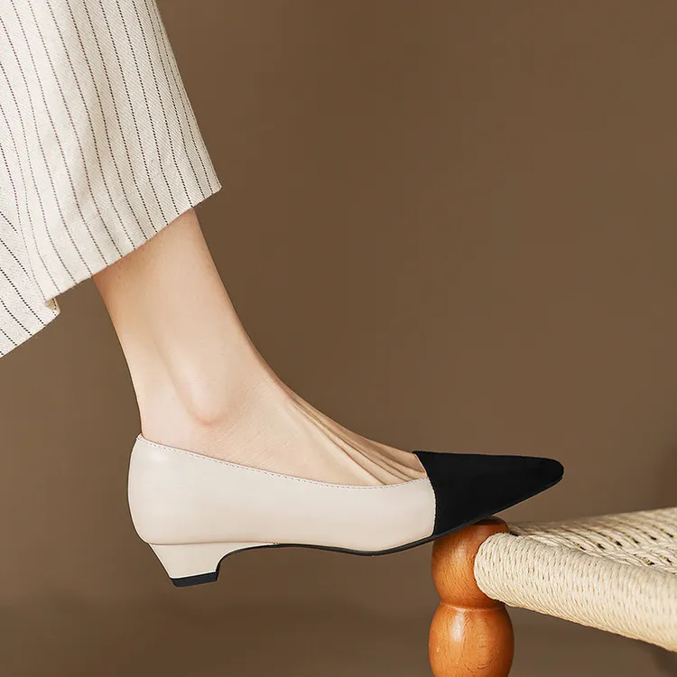 Spring color-blocked pointed-toe chunky heel high-heeled fashion sheepskin women's shoes 3-17p - Off-white 33