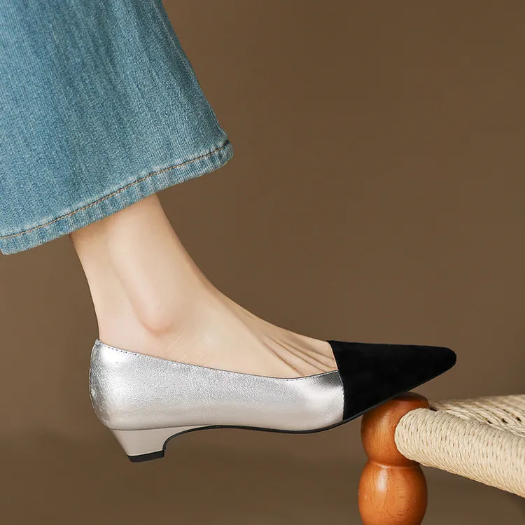Spring color-blocked pointed-toe chunky heel high-heeled fashion sheepskin women's shoes 3-17p - Silver 33