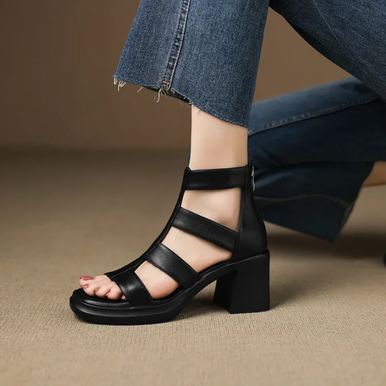 Summer sandals, square toe, chunky heel, high heel, back zipper, fashion cowhide women's shoes, 3-22v - Black 34