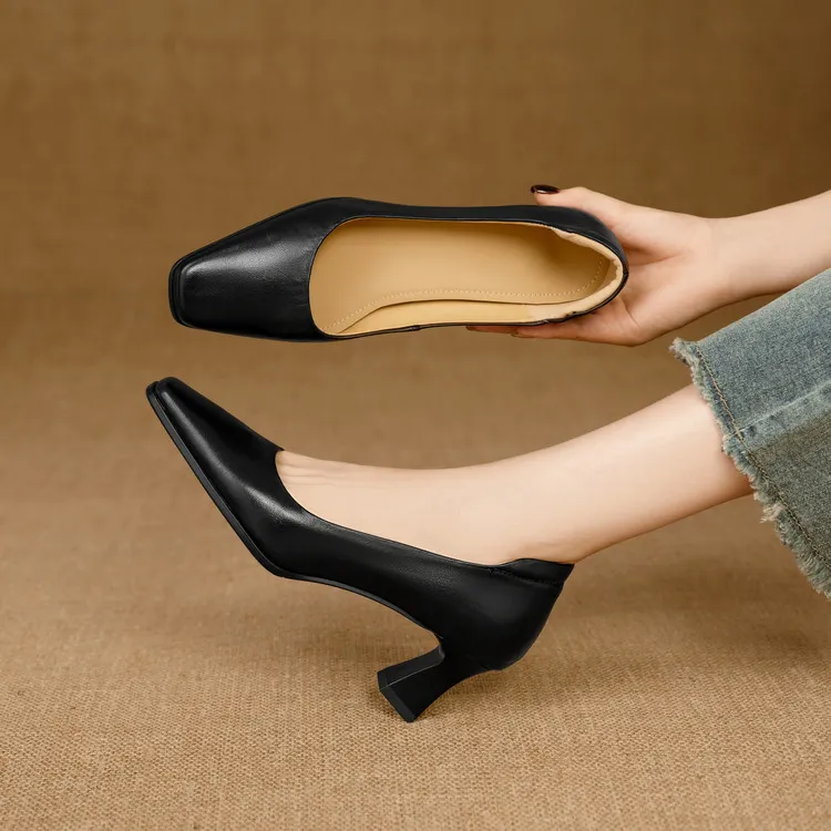 Spring single shoes, square toe, chunky heel, high heel, fashion leather women's shoes, 3-22h - Black 34