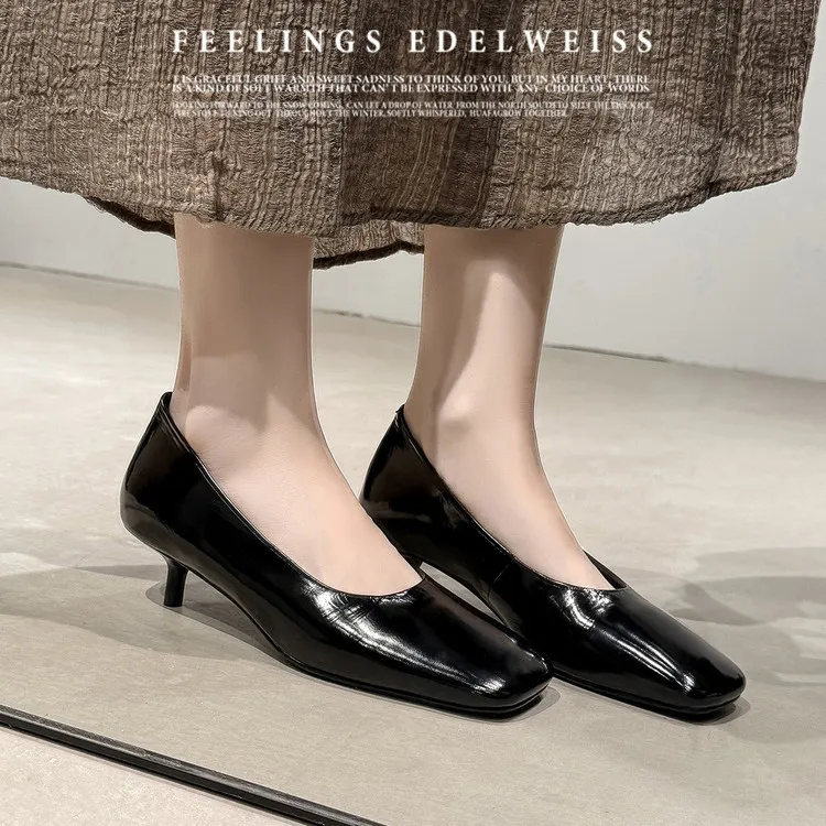 Spring single shoes, square toe, stiletto heel, slip-on cowhide fashion women's shoes, 3-19L - Black 34