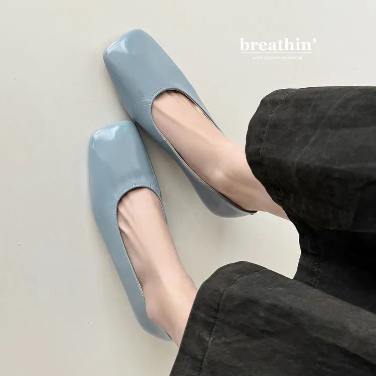 Spring single shoes, square toe, stiletto heel, slip-on cowhide fashion women's shoes, 3-19L - Blue 34
