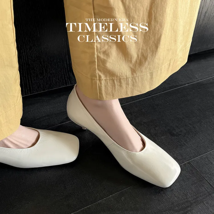 Spring single shoes, square toe, stiletto heel, slip-on cowhide fashion women's shoes, 3-19L - White 34
