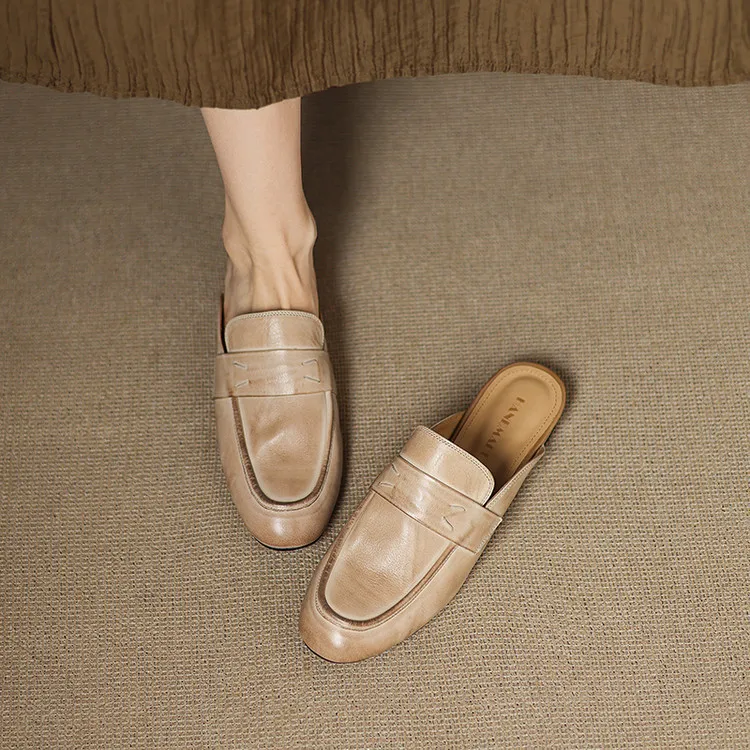 Spring slippers, round toe, chunky heel, low heel, cowhide, closed toe, women's shoes, 3-25d - Beige 34
